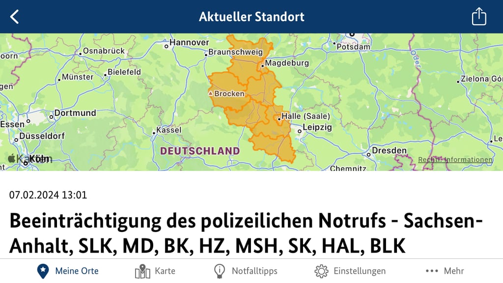 Die Katastrophen-App Nina warnt vor dem Notrufausfall