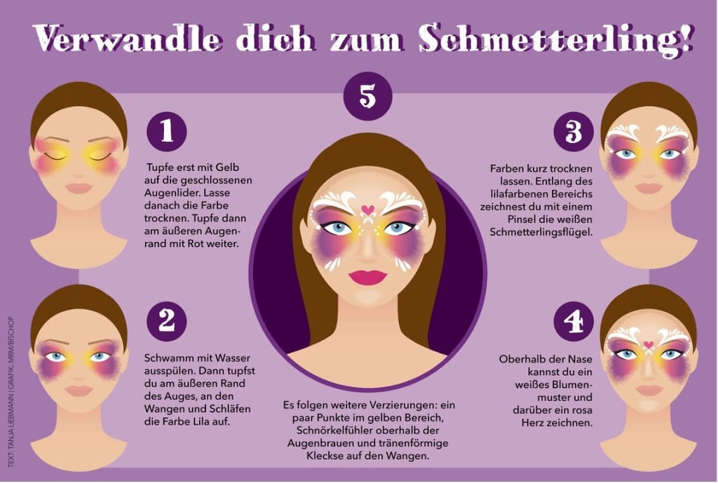 Mit ein paar gekonnt gesetzten Farbtupfern und Pinselstrichen verwandelt sich das Gesicht in einen schönen Falter.