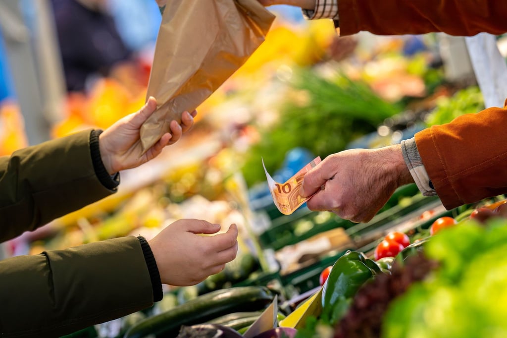 An einem Marktstand wird mit Bargeld eingekauft: Höhere Teuerungsraten schmälern die Kaufkraft von Verbrauchern.