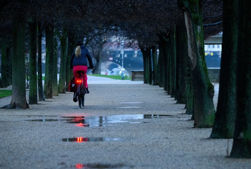 Eine Radfahrerin fährt am Morgen im Garten des Japanischen Palais in Dresden an Pfützen vorbei.