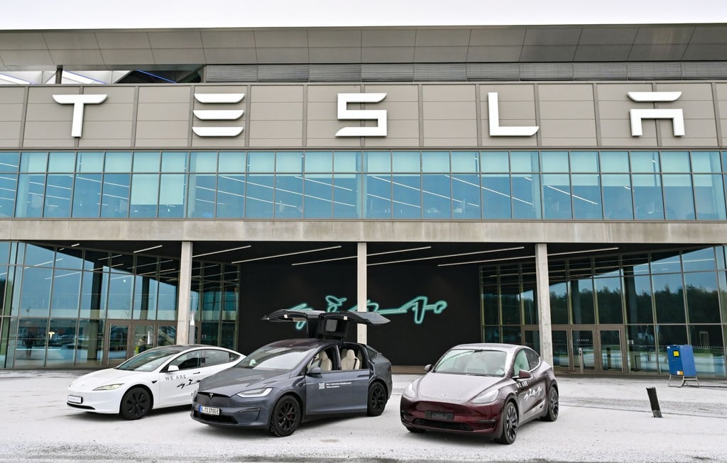 Tesla-Modelle stehen vor dem Werk in Grünheide.
