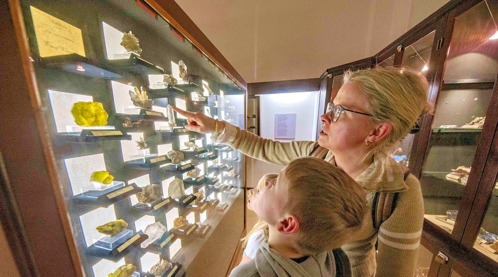 Tammo, Tjara und Sandra (r) sind aus Rostock angereist und begeistert von der Mineraliensammlung im Dessauer Naturkundemuseum.