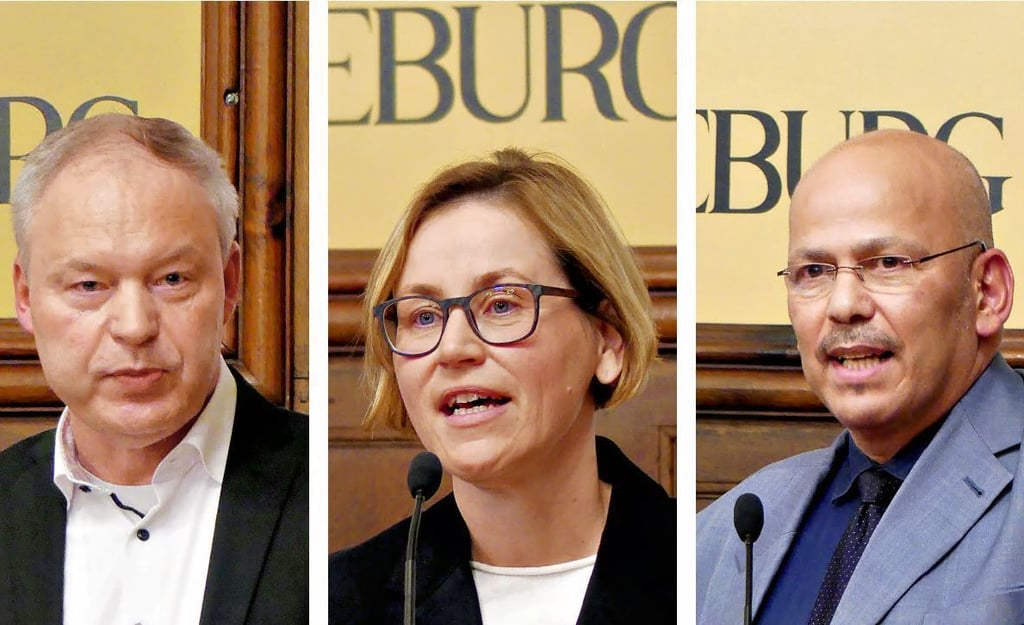 Die Bürgermeisterkandidaten für Merseburg: Michael Hayn (von links), Ulrike Findeisen und Bellay Gatzlaff.