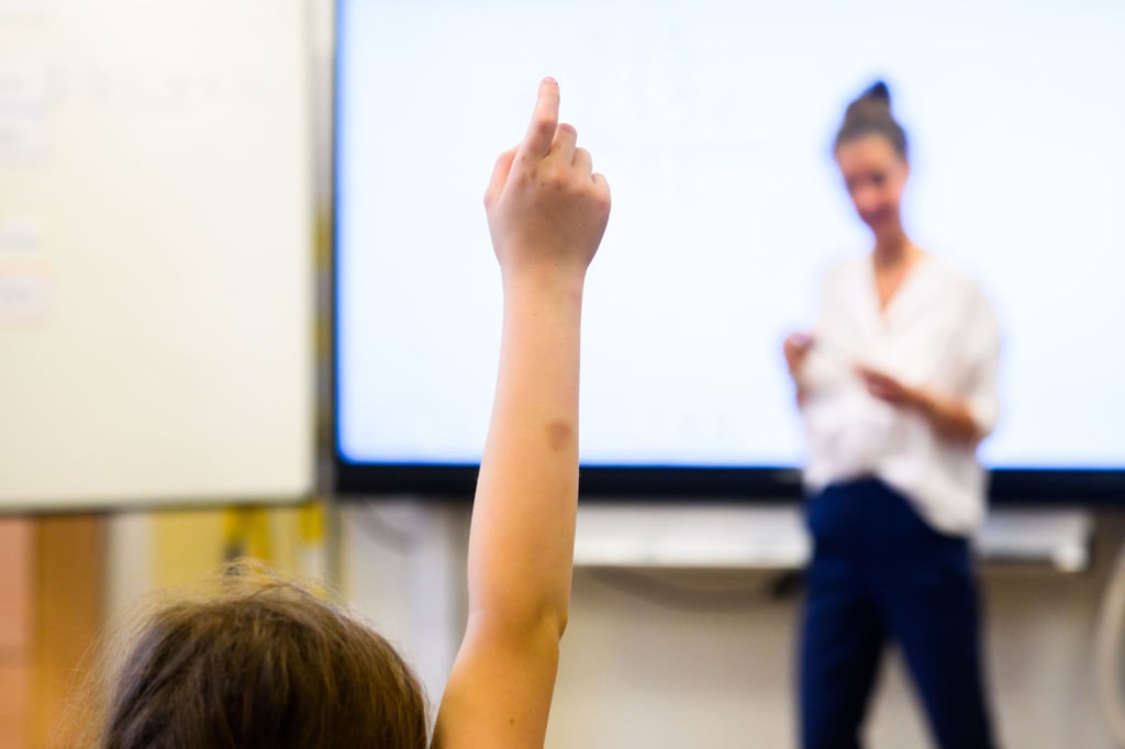 Ein Schüler meldet sich per Handzeichen während eine Lehrerin vor einer digitalen Schultafel steht.
