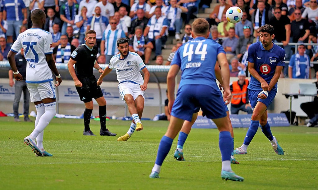 Gute Erinnerung an das Hinspiel des FCM gegen die Hertha aus Berlin: Mohammed El Hankouri visiert den Kasten an und erzielt das vorentscheidende 5:4 im Hinspiel gegen Hertha BSC.