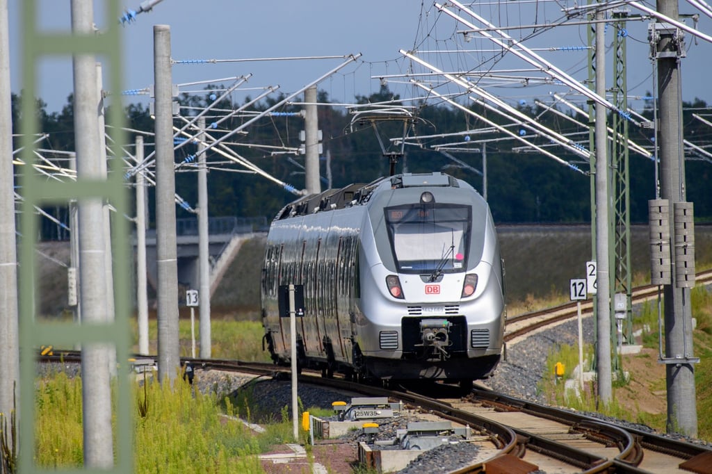 Ein Zug fährt über den Bahnknoten Dessau-Roßlau.