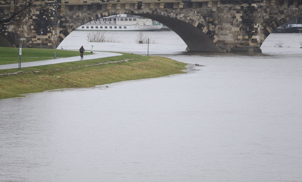 Die Elbwiesen sind vom Hochwasser der Elbe neben dem Radweg überflutet.