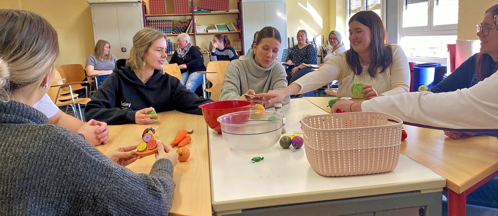 Praxissimulation, in der die Schüler wie Michelle Kämper (2.v.r.) Situationen aus der Praxis simulieren und analysieren, sind ein Teil der Ausbildung.