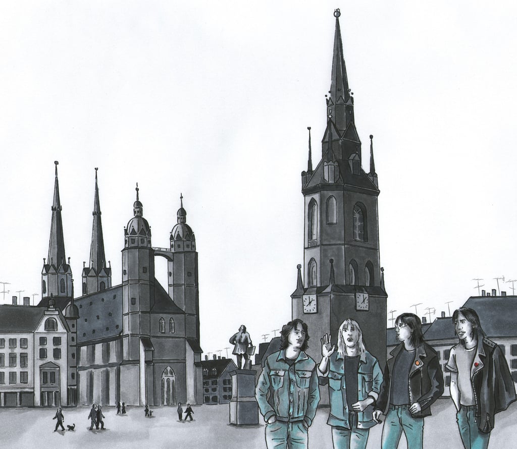 Vier Freunde, damals auf dem Marktplatz von Halle: Im Band "Rebellion hinter der Mauer" erzählen sie heute ihre Geschichte.