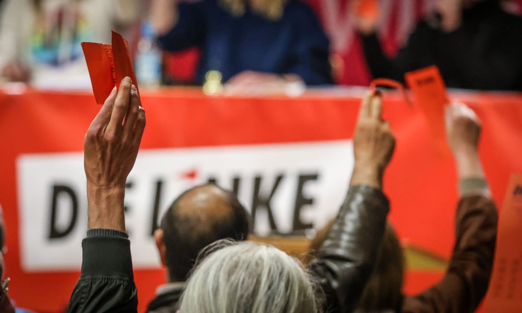 Delegierte heben bei einer Abstimmung auf einem Landesparteitag der Partei Die Linke ihre Stimmkarten.