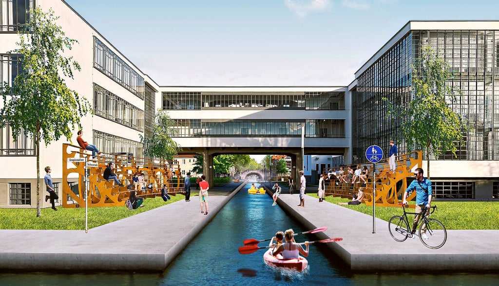 Spekulatives Design des Projekts „Stadt im Fluss“ von zwei Design-Studenten für Dessau.