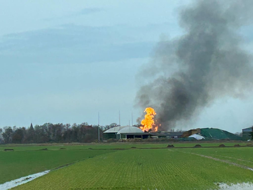 Flammen schlagen aus einer Biogasanlage in der Samtgemeinde Velpke (Landkreis Helmstedt).