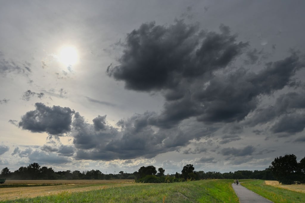 Wechselhafte Wetteraussichten fürs Wochenende: Ein dunkler Wolkenhimmel über dem Radweg und Deich in der Muldeaue.