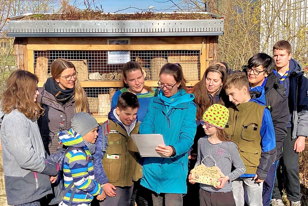 Johanna Majchrzak (blaue Jacke) vom Naturpark Unteres Saaletal zeigt vor dem Insektenhotel in Strenzfeld den „Saalepiraten“ und ihren Betreuerinnen verschiedene Wildbienenarten.