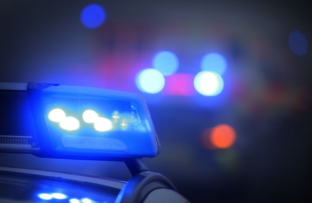 Ein Polizeiauto mit eingeschaltetem Blaulicht steht an einer Unfallstelle.