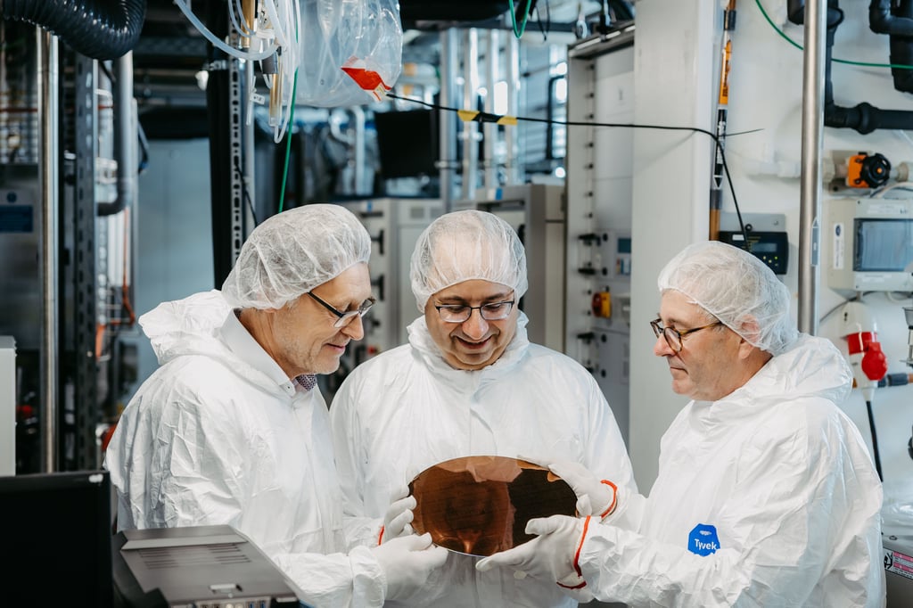 Besuch von Intel im Reinraum der Universität Magdeburg: Rektor Jens Strackeljan, Intel Executive Vice-President Keyvan Esfarjani und Jürgen Ude Staatssekretär in der Staatskanzlei, betrachten einen 300-mm-Siliziumwafer.