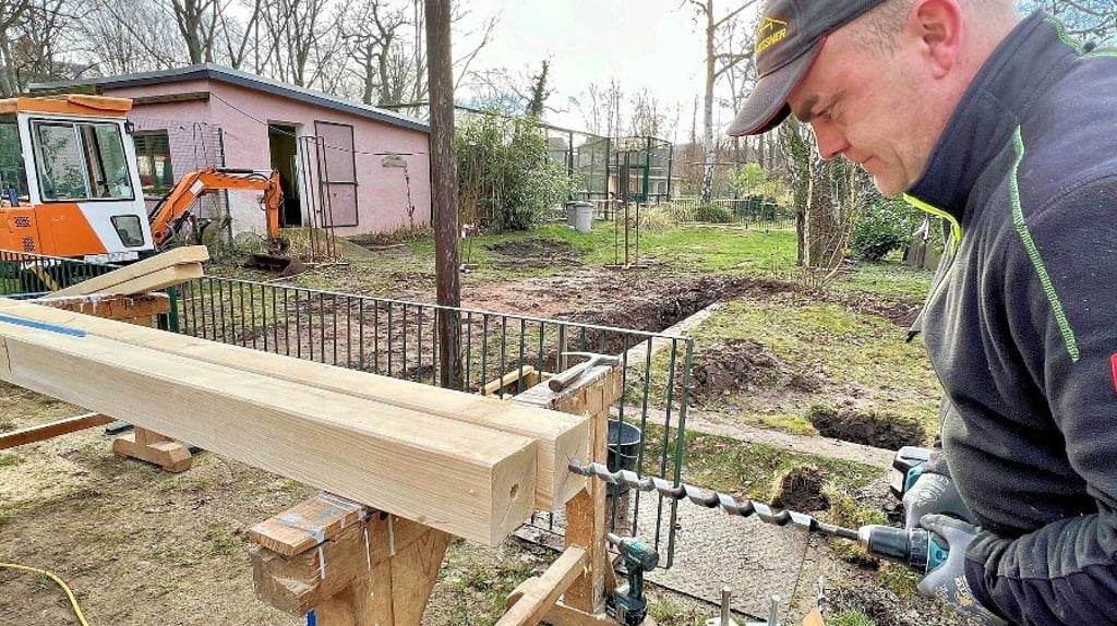Vorarbeiter Dirk Baumann von der Zimmerei Meißner bohrt Löcher in die Stützbalken, aus denen neben dem Flamingohaus (hinten in Pink) die Einhausung für einen Brunnen gebaut wird.