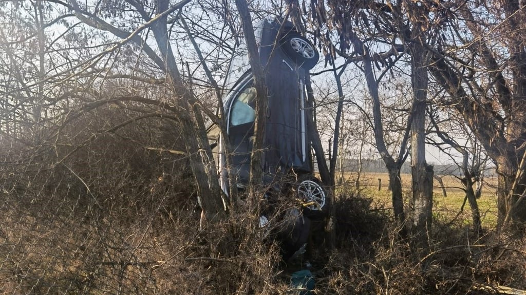 Bei einem Unfall auf der A2 bei Theeßen ist ein Auto von der Fahrbahn abgekommen und kam hochkant an einem Baum zum Stehen.