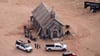 Luftaufnahme der Bonanza Creek Ranch mit dem Set des Films „Rust“.