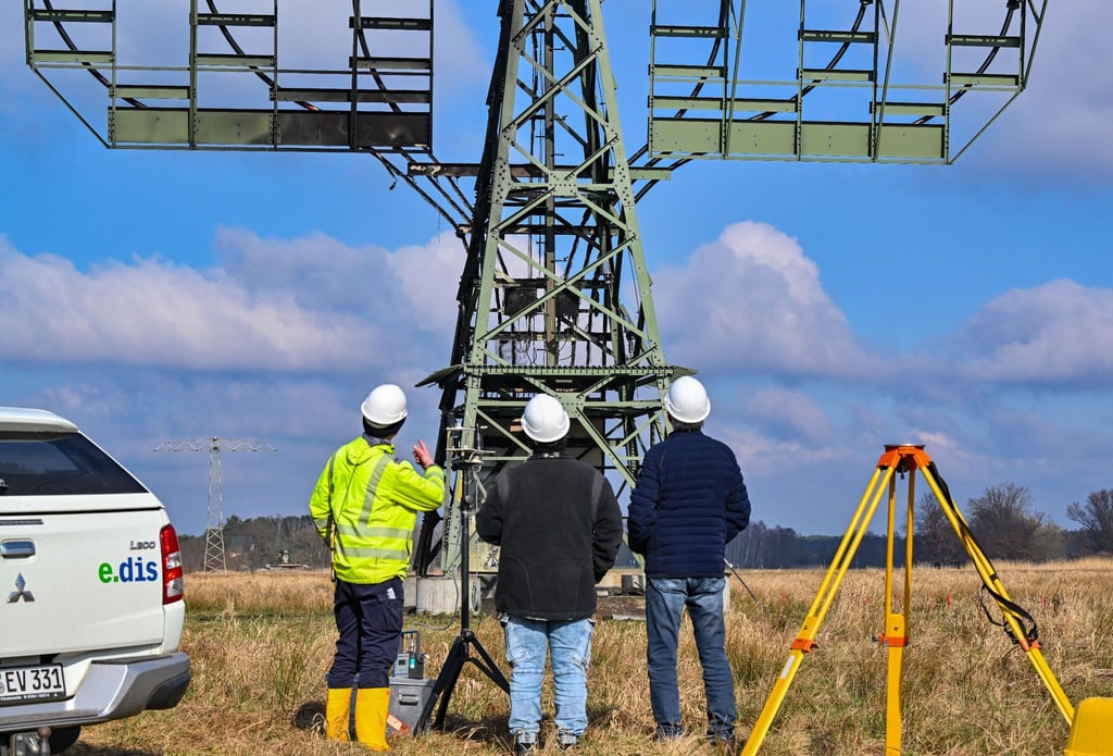 Ein Strommast steht mit Brandspuren auf einem Feld nahe der Tesla-Autofabrik.