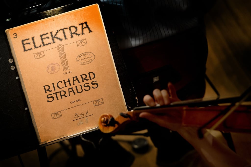 Die Noten zu „Elektra“ von Richard Strauss stehen am 14.01.2014 vor der Fotoprobe der Neuproduktion auf einem Notenständer in der Semperoper in Dresden (Sachsen).