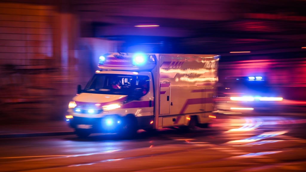 Ein Rettungswagen fährt mit Blaulicht zu einem Einsatz.
