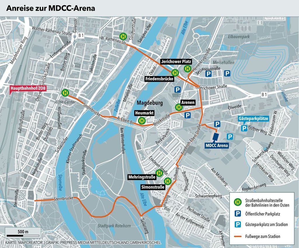 Diese Karte zeigt verschiedene Anreisewege zur MDCC-Arena in Magdeburg.