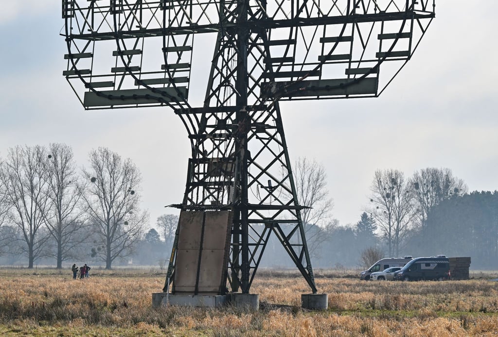 Ein Strommast steht mit Brandspuren auf einem Feld nahe der Tesla-Autofabrik.