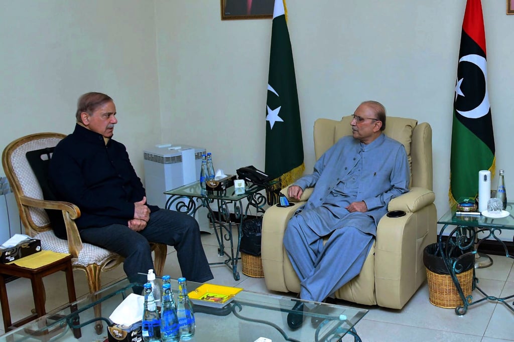 Pakistans Premierminister Shehbaz Sharif (l) zusammen mit dem neu gewählten pakistanischen Präsidenten Asif Ali Zardari.