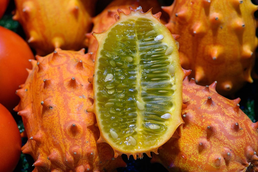 Exotisches Kürbisgewächs: Die Kiwano erinnert mit ihrem glibbrigen Inneren geschmacklich an eine Passionsfrucht. (zu dpa: „Sie mögen es glibbrig? Dann ist die Horngurke Ihr Ding“)