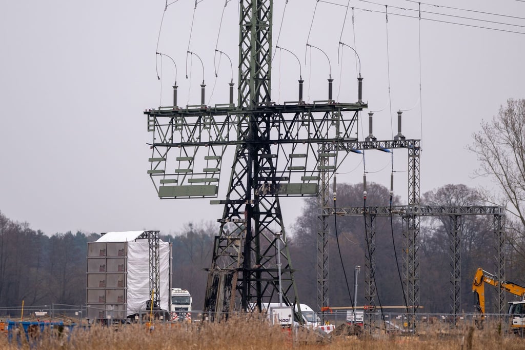 Ein Strommast mit Brandspuren steht auf einem Feld nahe der Tesla-Autofabrik.