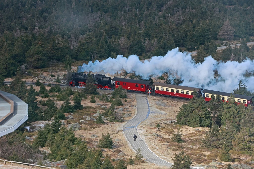 Ein Zug der Harzer Schmalspurbahnen kommt auf dem Brocken an.