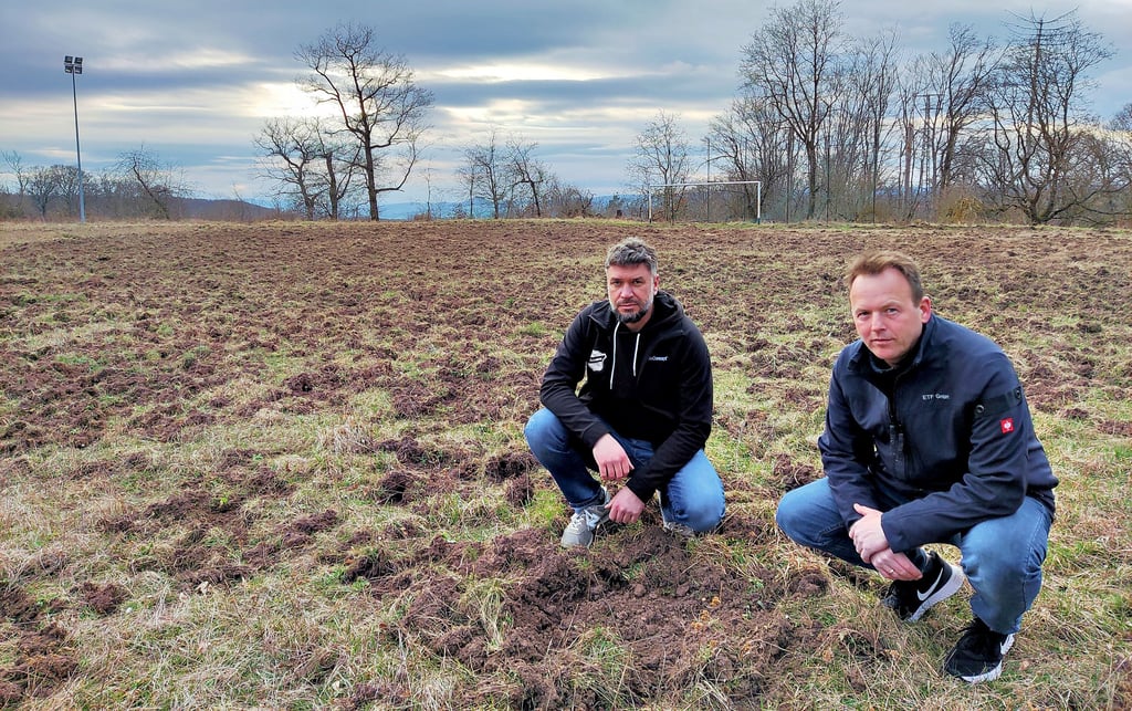 Vereinspräsident Hagen Karnstedt (links) und sein Vize Denis Rothe auf dem von Wildschweinen demolierten Sportplatz des BSC Blankenheim.