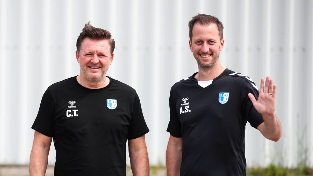 Standardtrainer Andreas Schumacher (re.) gemeinsam mit FCM-Cheftrainer Christian Titz im Sommer 2023.