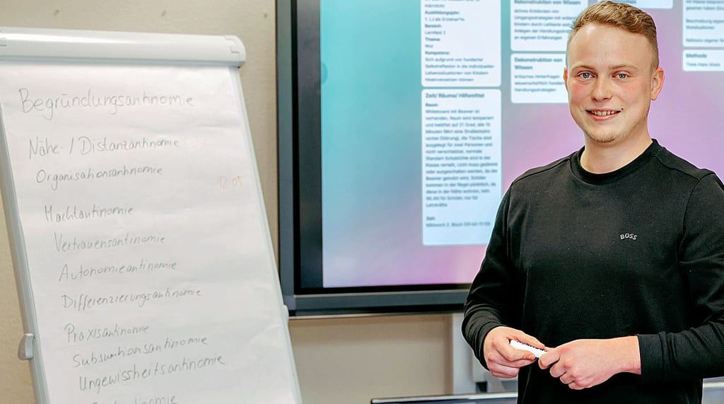 Sascha Muth vor Monitor und Flipchart.
