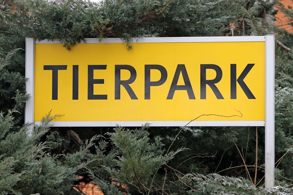Ein Schild "Tierpark" steht vor dem Tierpark Chemnitz (Sachsen).