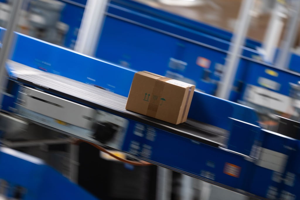 Im DHL-Paketzentrum in Ludwigsfelde wird ein Paket über ein Laufband befördert.