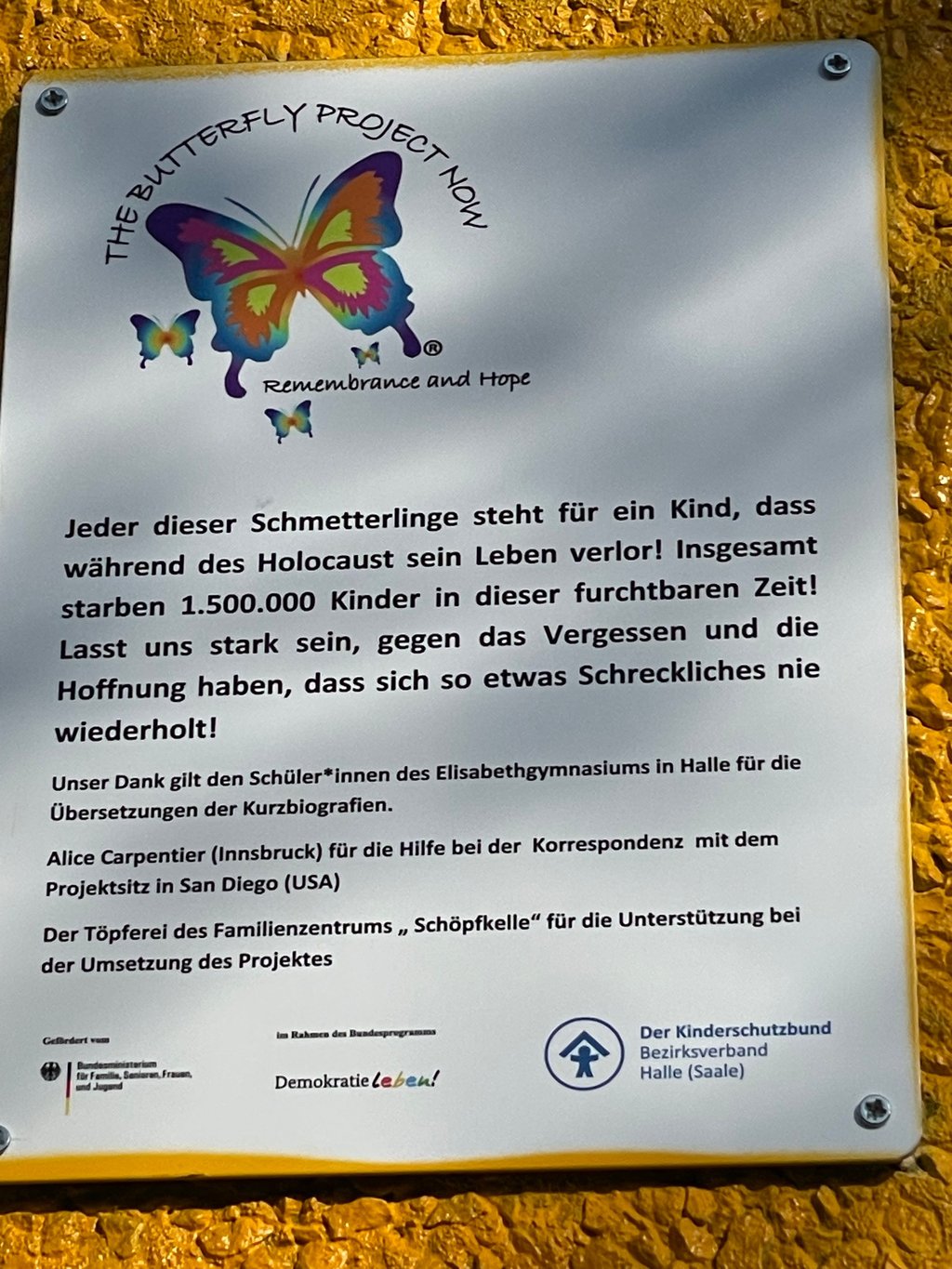 Eine Tafel an der Hauswand des Familienzentrums Schöpfkelle erzählt, was es m it dem "Butterfly"-Projekt auf sich hat.