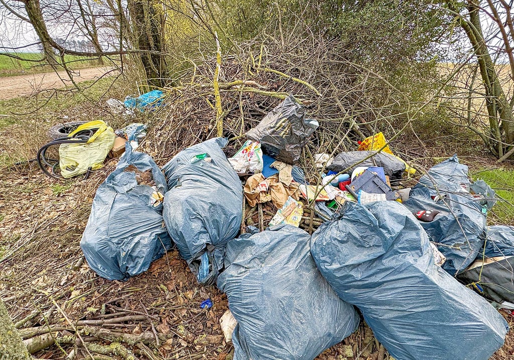 Illegale Müllkippe mit gut gefüllten Säcken nahe dem Boblaser Weg.