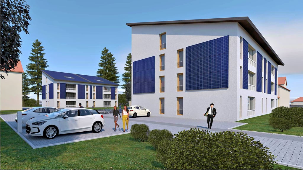 So sollen die zwei neuen AWG-Wohnblöcke in der Meitzendorfer Straße in Barleben einmal aussehen. Die Solarpaneele auf dem Dach und an der Außenfassade sollen für ausreichend Strom sorgen, um heizen und E-Autos laden zu können.