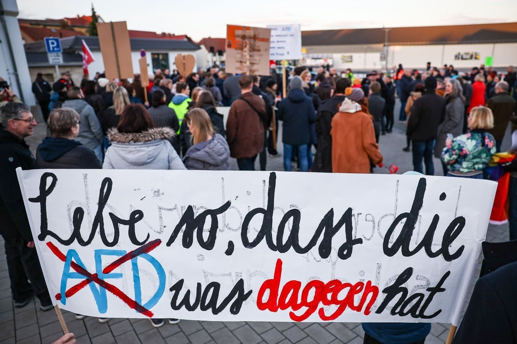 Teilnehmer einer Protestveranstaltung gegen eine AfD-Demonstration in Bad Bibra.