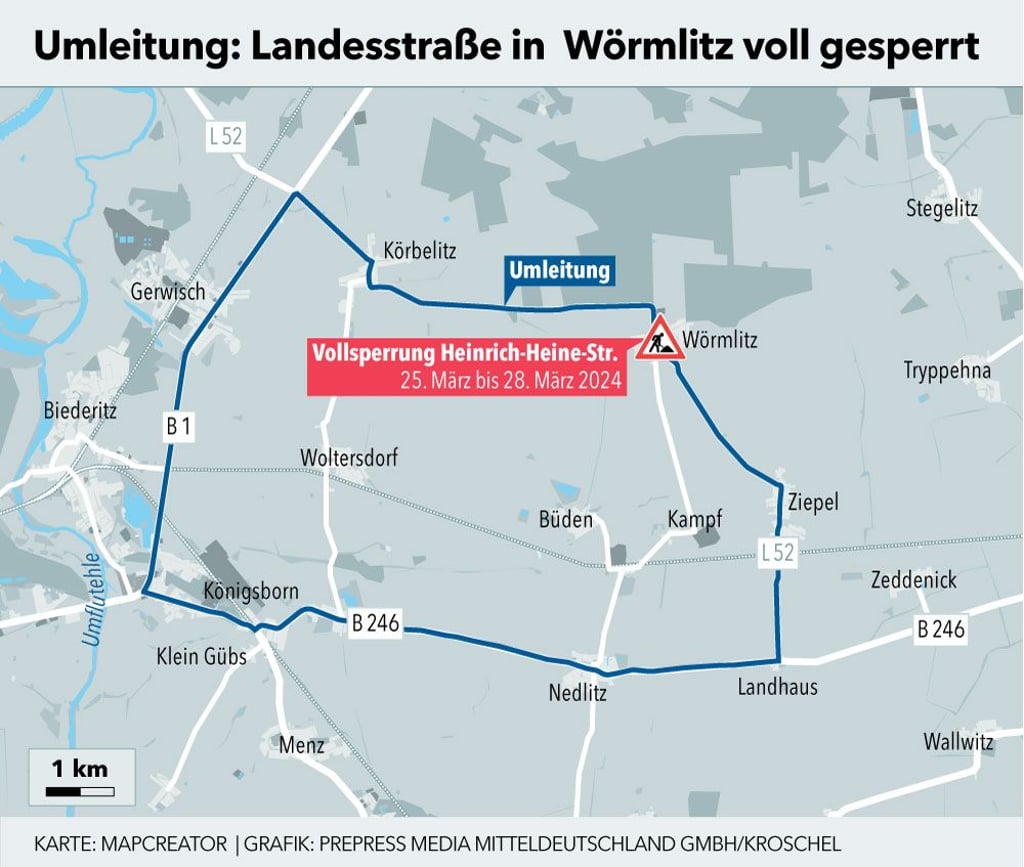 Wörmlitz ist nur über Umwege zu erreichen. Es gibt eine große Umleitung.