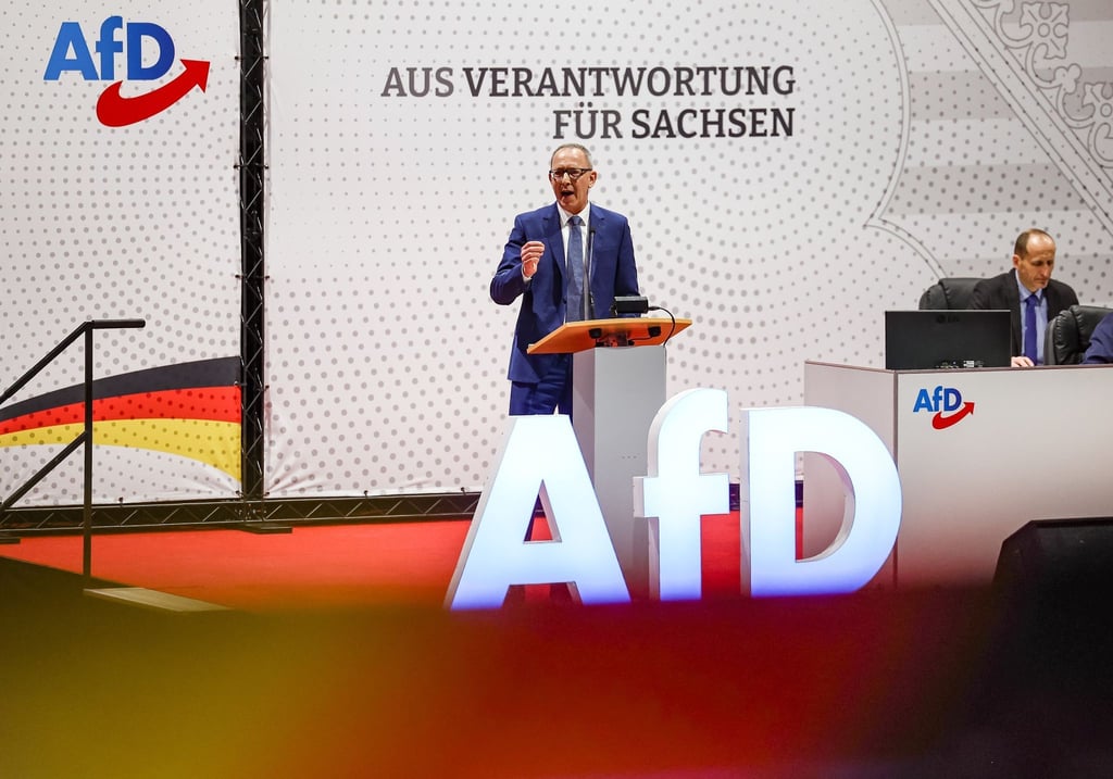 Jörg Urban (AfD), sächsischer Landesvorsitzender, spricht in seiner Vorstellungsrede zum Spitzenkandidaten auf dem Landesparteitag der AfD.