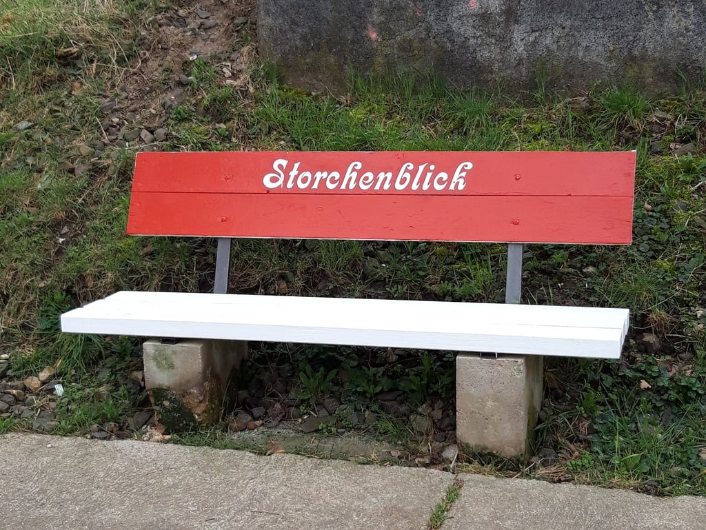 Wer auf der Bank Platz nimmt, hat den besten Blick hinauf zum Storchennest. Gerd Heller hat sie eigens dafür gebaut.