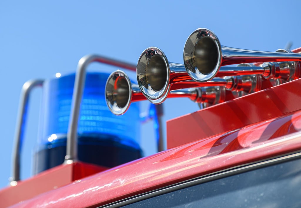 Blaulicht leuchtet auf einem Auto der Feuerwehr.