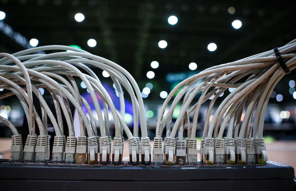 Zahlreiche Netzwerkkabel (LAN-Kabel) stecken vor Beginn des Gaming Festivals "Caggtus" in einem Switch auf einem Tisch in einer Messehalle.