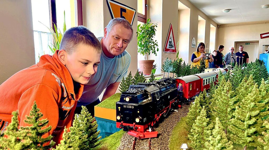 Viele Besucher, unter anderem Finn (9) mit Opa Andreas Herm aus Nachterstedt, schauten sich bei der Frühjahrsschau des Anhaltinischen Modellbahnclubs die Schmalspurbahn an.