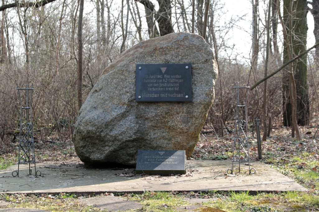 Der Gedenkstein steht an einer Böschung neben der Berliner Chaussee in Magdeburg.