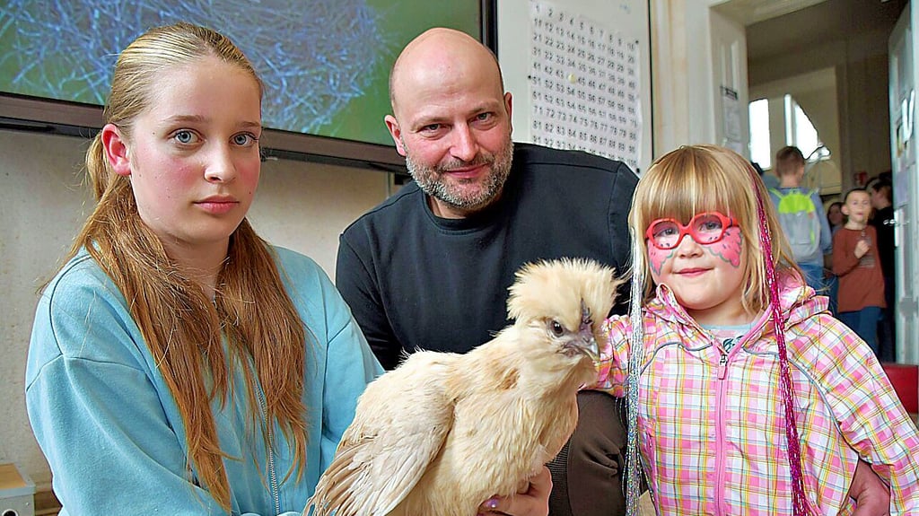 Während die Eier noch im Brutkasten liegen, zeigt Eva Pürst (l.) vom Rassegeflügelzuchtverein Haldensleben Emma und ihrem Vater Christian Hauke wie ein Seidenhuhn aussieht.
