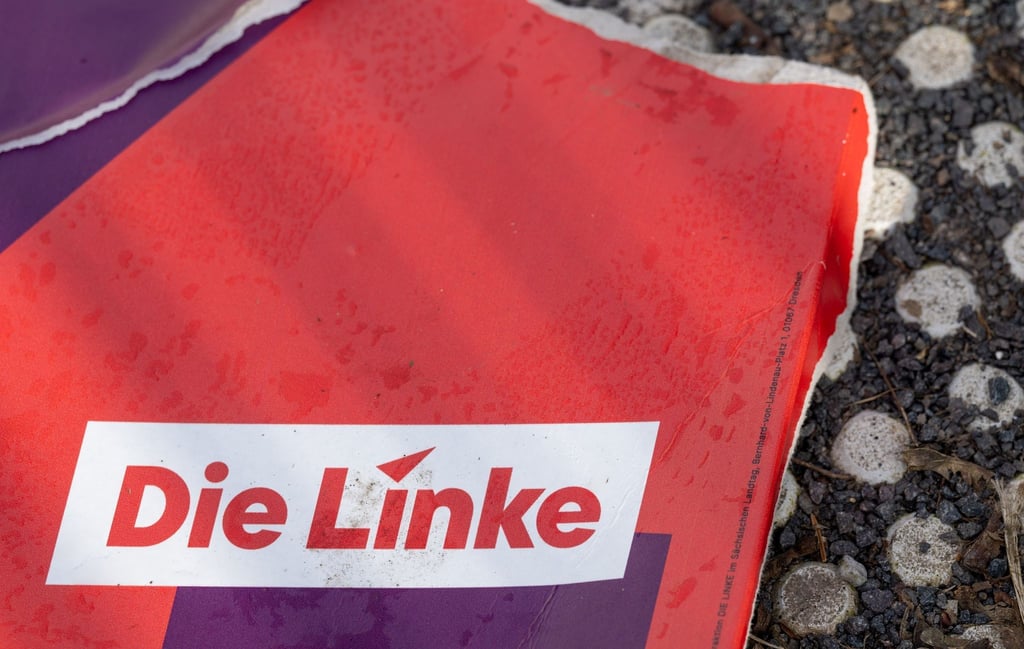 Ein beschädigtes Plakat der Partei Die Linke.